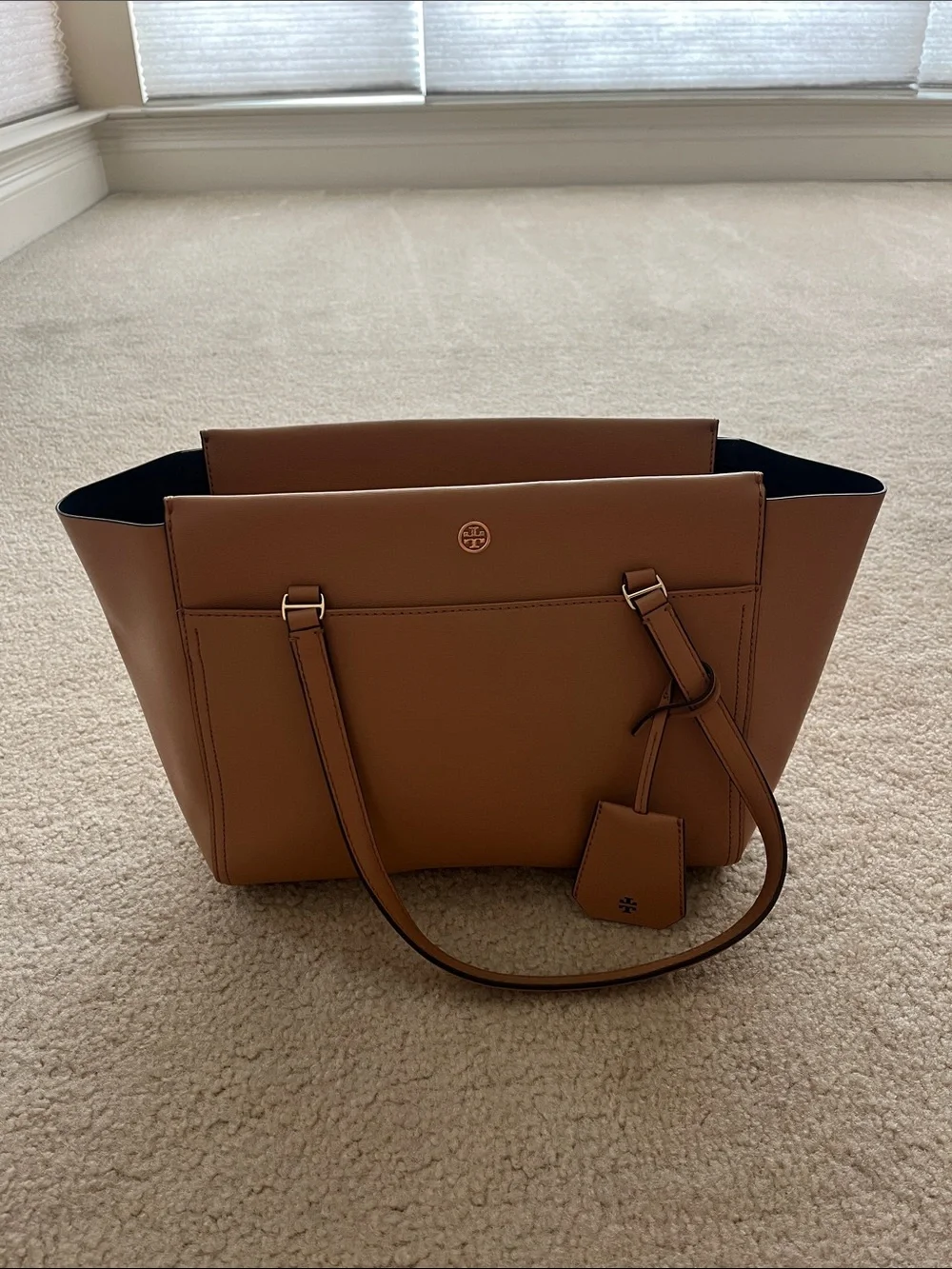 Tory Burch Tan Leather Tote with Logo Charm